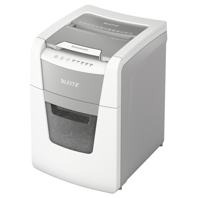 Distrugator automat documente Leitz IQ  Small Office , 100 coli, P4, cross-cut (tip confeti), cos  34 litri, alb-gri, Leitz "801