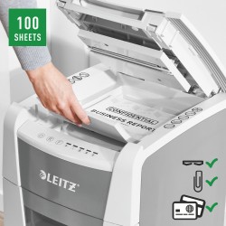 Distrugator automat documente Leitz IQ  Small Office , 100 coli, P4, cross-cut (tip confeti), cos  34 litri, alb-gri, Leitz "801