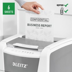 Distrugator automat documente Leitz IQ Office , 150 coli, P5, micro-cut (tip particule), cos  44 litri, alb-gri, Leitz "80140000