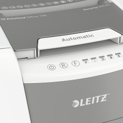 Distrugator automat documente Leitz IQ Office , 150 coli, P5, micro-cut (tip particule), cos  44 litri, alb-gri, Leitz "80140000