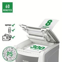 Distrugator automat documente Leitz IQ Office , 300 coli, P5, micro-cut (tip particule), cos  60 litri, alb-gri, Leitz "80160000