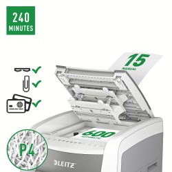 Distrugator automat documente Leitz IQ Office , 600 coli, P4, cross-cut (tip confeti), cos 110 litri, alb-gri, Leitz "80170000" 