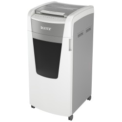 Distrugator automat documente Leitz IQ Office , 600 coli, P5, micro-cut (tip particule), cos 110 litri, alb-gri, Leitz "80180000