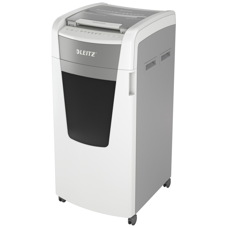 Distrugator automat documente Leitz IQ Office , 600 coli, P5, micro-cut (tip particule), cos 110 litri, alb-gri, Leitz "80180000