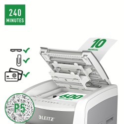 Distrugator automat documente Leitz IQ Office , 600 coli, P5, micro-cut (tip particule), cos 110 litri, alb-gri, Leitz "80180000