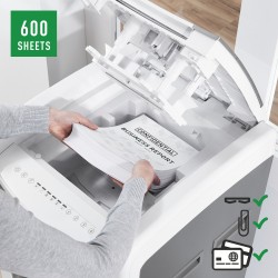 Distrugator automat documente Leitz IQ Office , 600 coli, P5, micro-cut (tip particule), cos 110 litri, alb-gri, Leitz "80180000