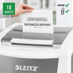 Distrugator automat documente Leitz IQ Office , 600 coli, P5, micro-cut (tip particule), cos 110 litri, alb-gri, Leitz "80180000