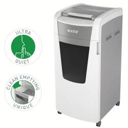 Distrugator automat documente Leitz IQ Office , 600 coli, P5, micro-cut (tip particule), cos 110 litri, alb-gri, Leitz "80180000
