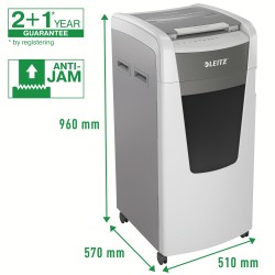 Distrugator automat documente Leitz IQ Office , 600 coli, P5, micro-cut (tip particule), cos 110 litri, alb-gri, Leitz "80180000