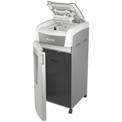 Distrugator automat documente Leitz IQ Office , 600 coli, P5, micro-cut (tip particule), cos 110 litri, alb-gri, Leitz "80180000