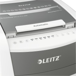 Distrugator automat documente Leitz IQ Office , 600 coli, P5, micro-cut (tip particule), cos 110 litri, alb-gri, Leitz "80180000
