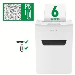 Distrugator manual documente Leitz IQ Protect  6M , 6 coli, P5, micro-cut (tip particule), cos  18 litri, alb, Leitz "80950000" 