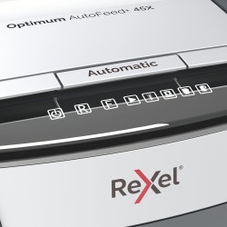 Distrugator automat documente Rexel OPTIMUM  45X ,  45 coli, P4, cross-cut (tip confeti), cos  20 litri, negru-gri, "2020045XEU"