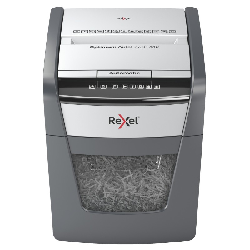 Distrugator automat documente Rexel OPTIMUM  50X ,  50 coli, P4, cross-cut (tip confeti), cos  20 litri, negru-gri, "2020050XEU"