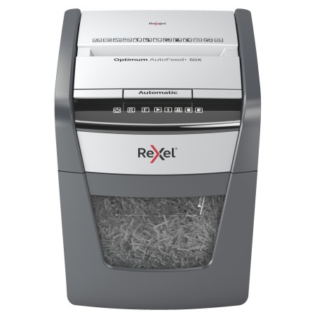Distrugator automat documente Rexel OPTIMUM  50X ,  50 coli, P4, cross-cut (tip confeti), cos  20 litri, negru-gri, "2020050XEU"