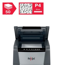Distrugator automat documente Rexel OPTIMUM  50X ,  50 coli, P4, cross-cut (tip confeti), cos  20 litri, negru-gri, "2020050XEU"