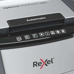 Distrugator automat documente Rexel OPTIMUM 100X , 100 coli, P4, cross-cut (tip confeti), cos  34 litri, negru-gri, "2020100XEU"
