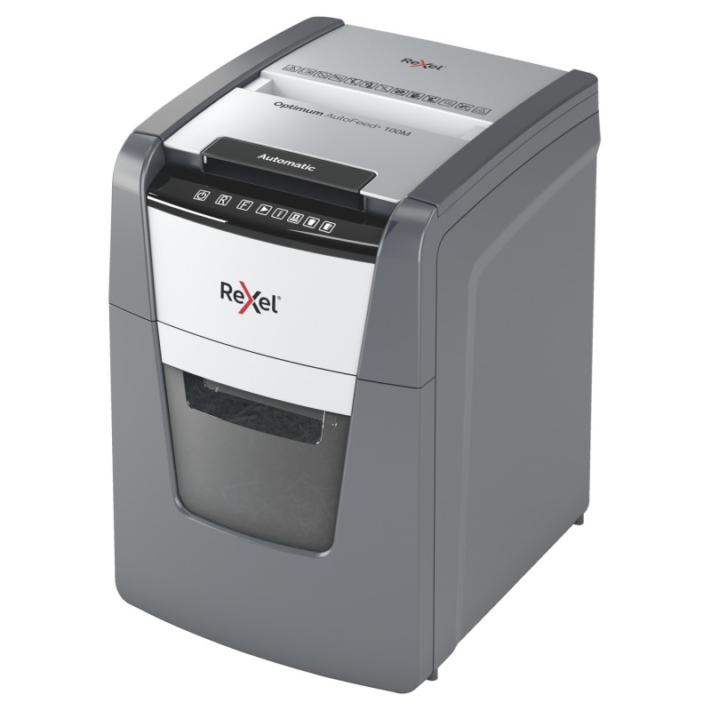 Distrugator automat documente Rexel OPTIMUM 100M , 100 coli, P5, micro-cut (tip particule), cos  34 litri, negru-gri, "2020100ME