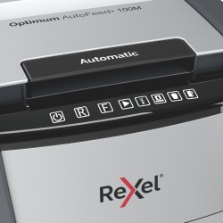 Distrugator automat documente Rexel OPTIMUM 100M , 100 coli, P5, micro-cut (tip particule), cos  34 litri, negru-gri, "2020100ME