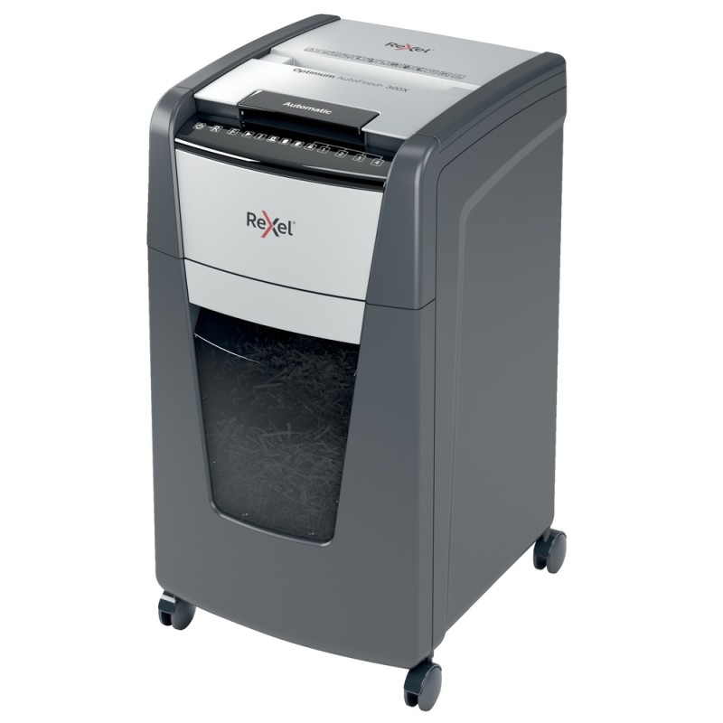 Distrugator automat documente Rexel OPTIMUM 300X , 300 coli, P4, cross-cut (tip confeti), cos  60 litri, negru-gri, "2020300XEU"