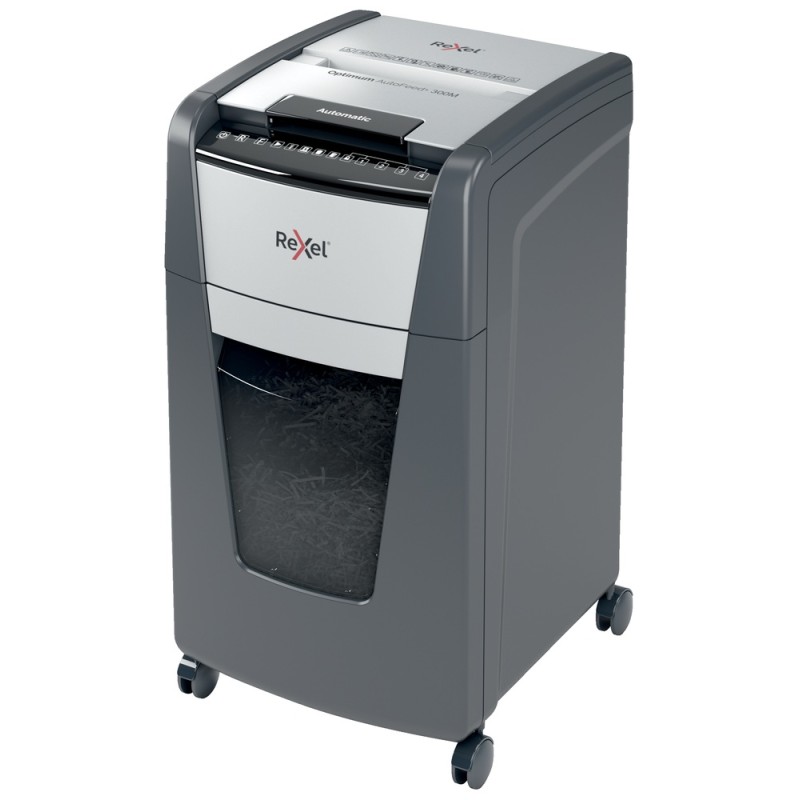 Distrugator automat documente Rexel OPTIMUM 300M , 300 coli, P5, micro-cut (tip particule), cos  60 litri, negru-gri, "2020300ME