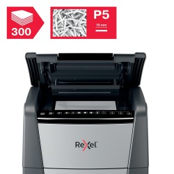 Distrugator automat documente Rexel OPTIMUM 300M , 300 coli, P5, micro-cut (tip particule), cos  60 litri, negru-gri, "2020300ME