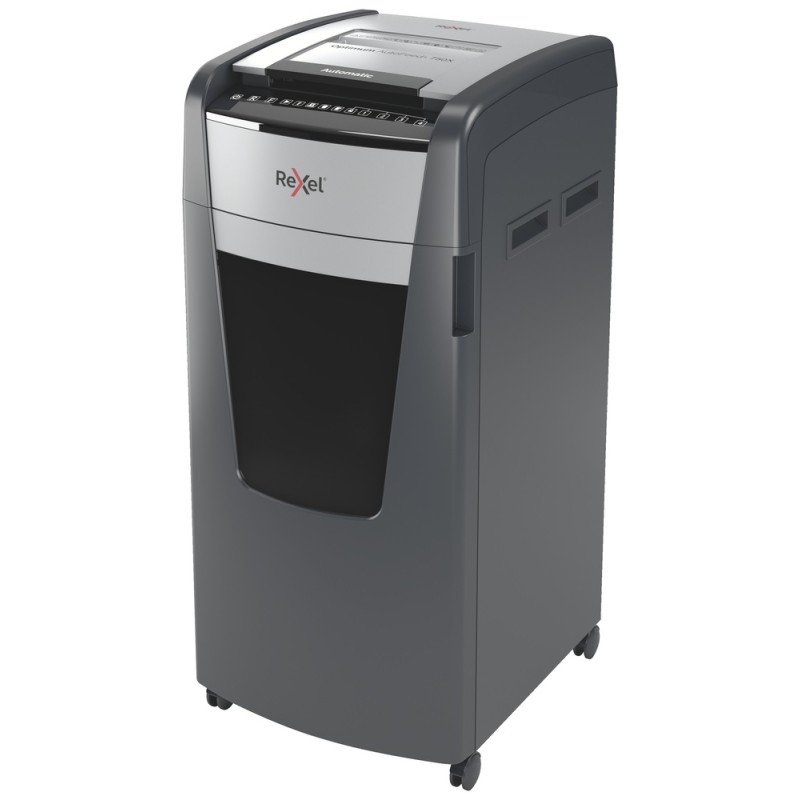 Distrugator automat documente Rexel OPTIMUM 750X , 750 coli, P4, cross-cut (tip confeti), cos 140 litri, negru-gri, "2020750XEU"