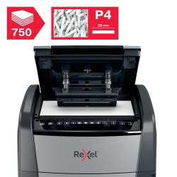 Distrugator automat documente Rexel OPTIMUM 750X , 750 coli, P4, cross-cut (tip confeti), cos 140 litri, negru-gri, "2020750XEU"