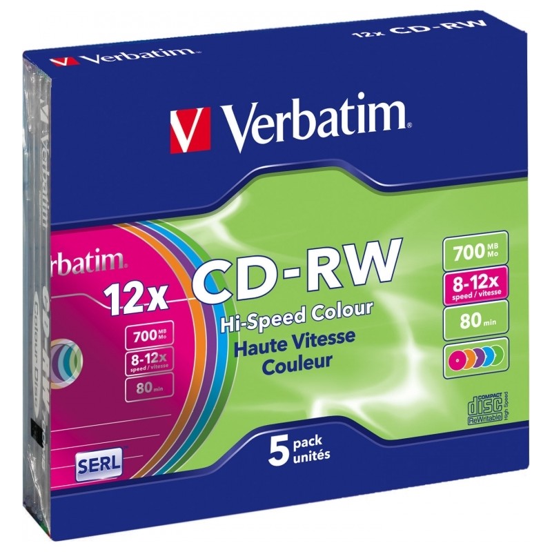 CD-RW VERBATIM  700MB, 80min, viteza 8-12x,   5 buc, carcasa, "Colour 12x" "43167/261910"