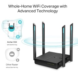 ROUTER TP-LINK wireless 1200Mbps, MU-MIMO, 4 porturi Gigabit, 4 antene externe, Dual Band AC1200 "Archer C64" (timbru verde 0.8 