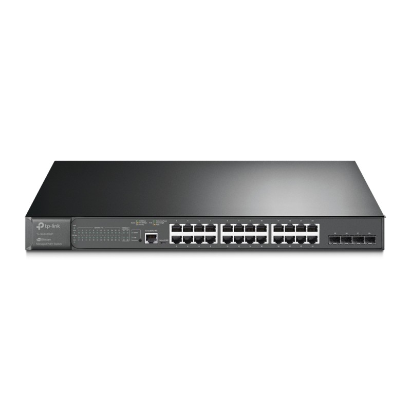 Switch TP-Link cu management L2, 24 Porturi Gigabit POE+, 4× Gigabit SFP Slots, 1× RJ45 Console Port, 1× Micro-USB Console Port 