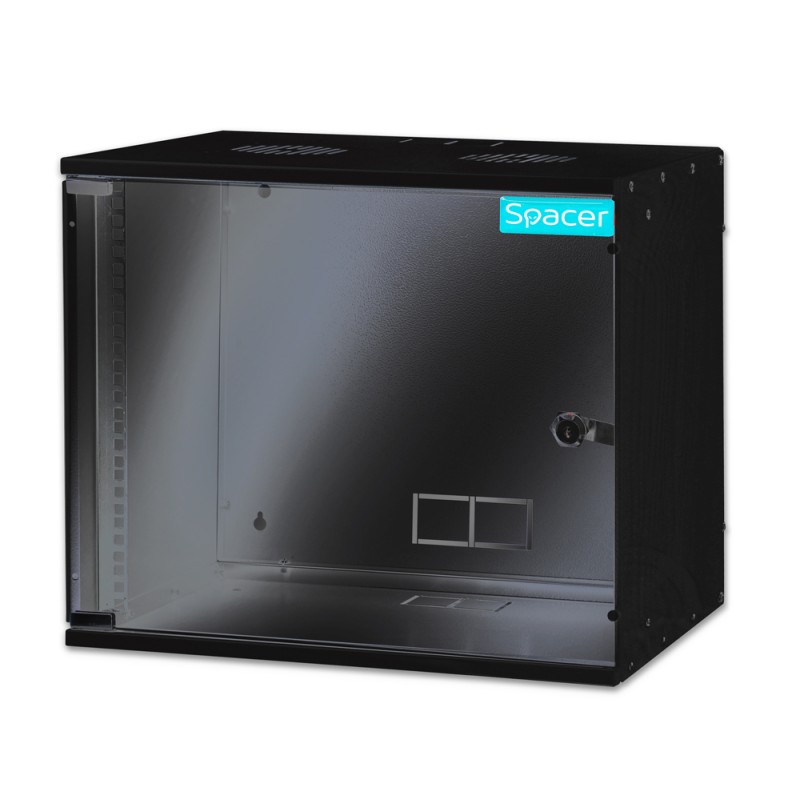 CABINET 19" SPACER    9U 515x400mm, fixare pe perete, Flatpack (dezasamblat),  Black, usa sticla cu blocare, otel 1.5mm, sarcina