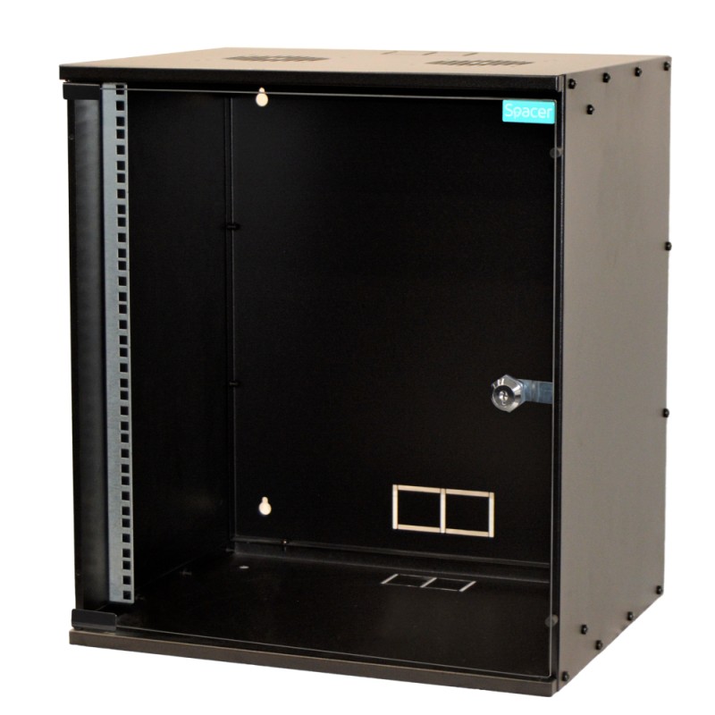 CABINET 19" SPACER  12U 515x400mm, fixare pe perete, Flatpack (dezasamblat),  Black, usa sticla cu blocare, otel 1.5mm, sarcina 