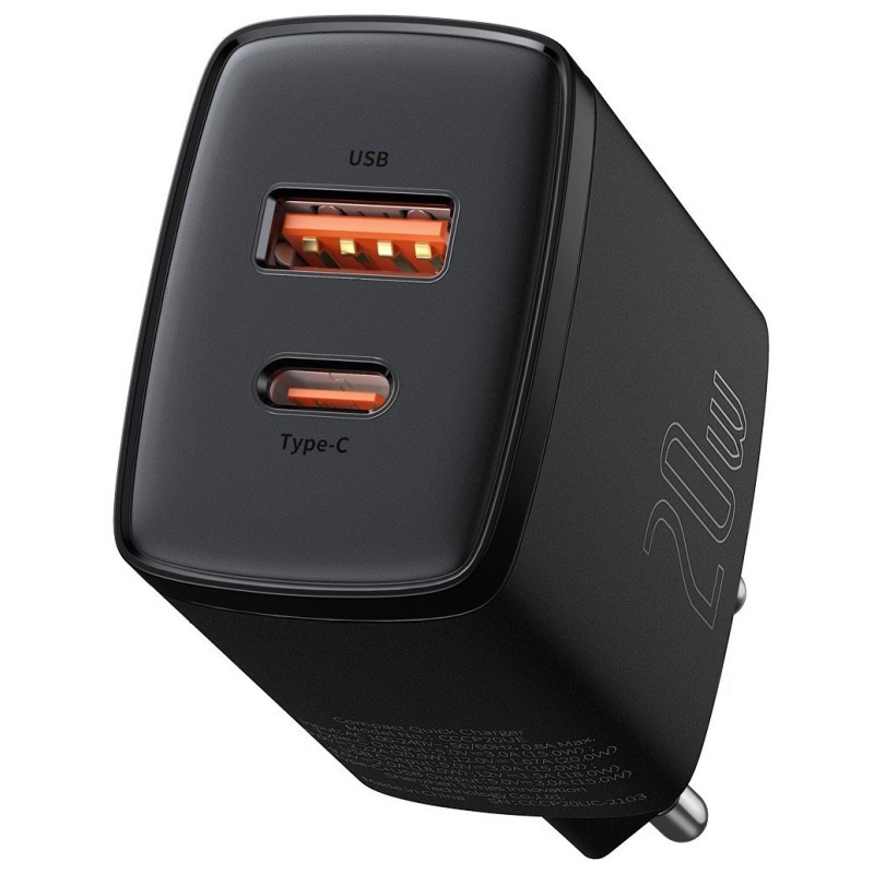 INCARCATOR retea Baseus Compact, Quick Charge 20W, 1 x USB Type-C 5V/3A max, 1 x USB 5V/3A, negru "CCXJ-B01" (timbru verde 0.18 