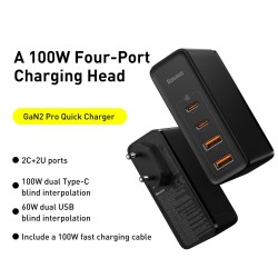 INCARCATOR retea Baseus GaN2 Pro, Quick Charge 3.0 100W, 2 x USB Type-C 5V/3A max, 2 x USB 5V/3A max, negru "CCGAN2P-L01" (timbr