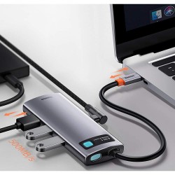 DOCKING Station Baseus Metal Gleam,conec PC USB-C, USB 3.0x3, RJ-45 Gigabit LANx1, USB-Cx1 PD 100W 5V/9V/14.5V/20V 5A (Max.), HD