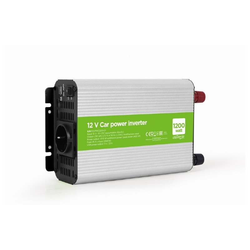 INVERTER GEMBIRD cu sinusoida simulata, Inverter auto, 1200W, Schuko x 1, USB 5V / 2.1A, baterie 10-16V, "EG-PWC1200-01", (timbr