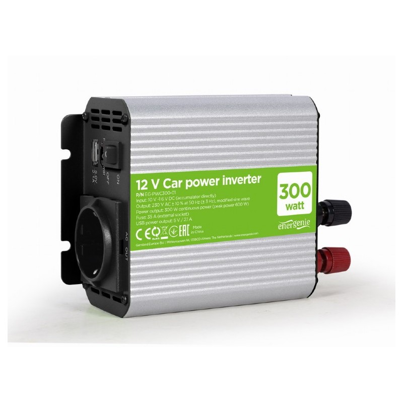 INVERTER GEMBIRD cu sinusoida simulata, Inverter auto,  300W, Schuko x 1, USB 5V / 2.1A, baterie 10-16V, "EG-PWC300-01", (timbru
