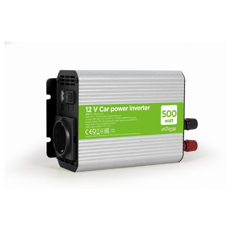 INVERTER GEMBIRD cu sinusoida simulata, Inverter auto,  500W, Schuko x 1, USB 5V / 2.1A, baterie 10-16V, "EG-PWC500-01", (timbru