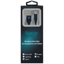 CABLU alimentare si date SPACER, pt. smartphone, USB 3.0 (T) la Type-C(T), Braided,2.1A,Retail pack, 1.8m, black, "SPDC-TYPEC-BR