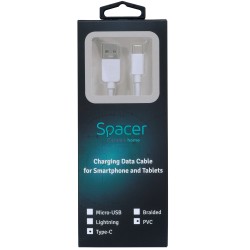 CABLU alimentare si date SPACER, pt. smartphone, USB 2.0 (T) la Type-C(T), PVC,2.1A,Retail pack, 1.8m, alb, "SPDC-TYPEC-PVC-W-1.
