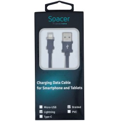 CABLU alimentare si date SPACER, pt. smartphone, USB 2.0 (T) la Lightning (T), pentru Iphone,Braided,Retail pack, 1m, black,&nbs
