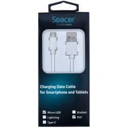 CABLU alimentare si date SPACER, pt. smartphone, USB 2.0 (T) la Micro-USB 2.0 (T), PVC, Retail pack, 1m, White,&nbsp; "SPDC-MICR