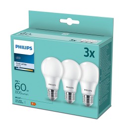 SET 3 becuri LED Philips, soclu E27, putere 9W, forma clasic, lumina alb rece, alimentare 220 - 240 V, "000008718699694944" (tim