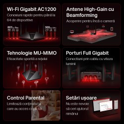ROUTER MERCUSYS wireless 1200Mbps, 2 porturi LAN Gigabit, 1 port WAN Gigabit, Dual Band AC1200 4 x antena externa, "MR30G" (timb