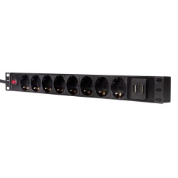 PDU LOGILINK 1U pt. rack 19 inch, 8 prize Schuko, intrare Schuko, max 16 A, on/off, protectie la supratensiune, 2 x USB 2.1A, 2 