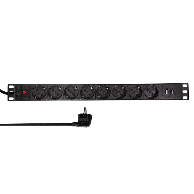 PDU LOGILINK 1U pt. rack 19 inch, 8 prize Schuko, intrare Schuko, max 16 A, on/off, protectie la supratensiune, 2 x USB 2.1A, 2 
