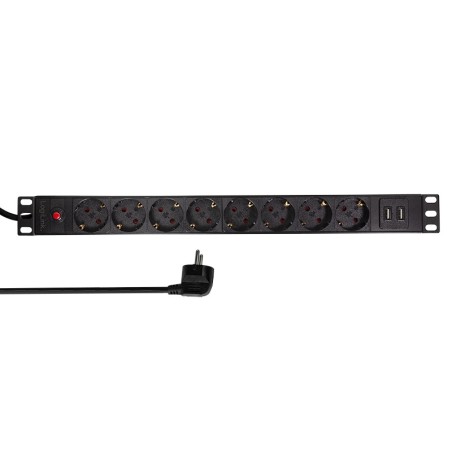 PDU LOGILINK 1U pt. rack 19 inch, 8 prize Schuko, intrare Schuko, max 16 A, on/off, protectie la supratensiune, 2 x USB 2.1A, 2 