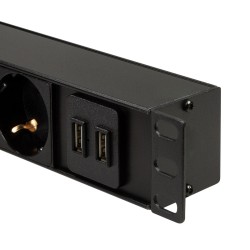 PDU LOGILINK 1U pt. rack 19 inch, 8 prize Schuko, intrare Schuko, max 16 A, on/off, protectie la supratensiune, 2 x USB 2.1A, 2 