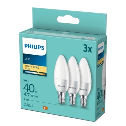 SET 3 becuri LED Philips, soclu E14, putere 5W, forma lumanare, lumina alb calda, alimentare 220 - 240 V, "000008719514313385" (